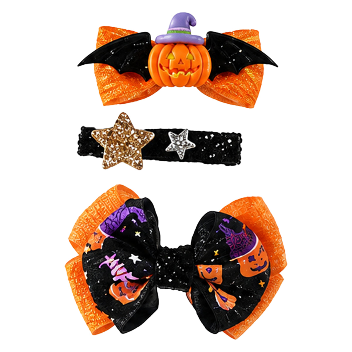Three Halloween-themed hair accessories on a plain white background: a glittery orange and black bow with a small purple witch hat and orange jack-o'-lantern, a black headband with glittery gold and silver star embellishments, and a larger matching bow with black glitter fabric printed with orange pumpkins, stars, and a purple witch hat.