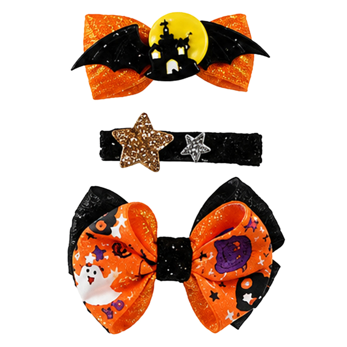 Three-piece Halloween hair accessory set featuring two large patterned bows and one star headband. The bows are orange and black with glitter, featuring a castle, moon, ghost, pumpkin, and spider motifs.