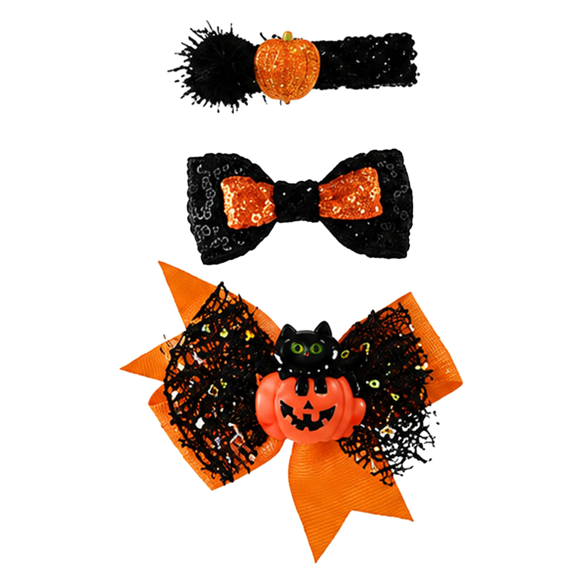 Three Halloween-themed hair accessories on a plain white background: a black headband with an orange pumpkin center, a black bow with an orange sequined center, and a large orange and black bow with a small black cat and orange pumpkin in the middle.
