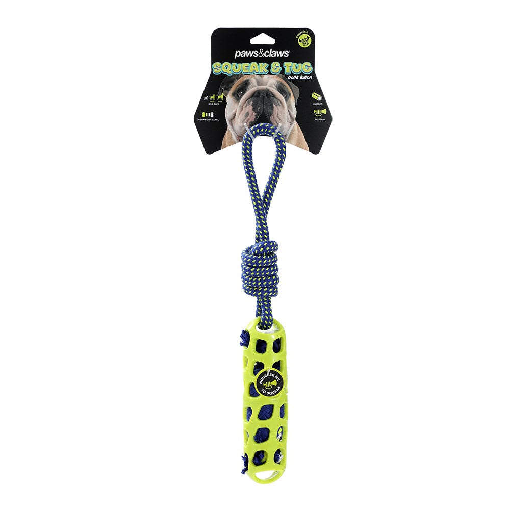 Squeak & Tug Baton Tugger Dog Toy – TPR & Rope (38.5cm)
