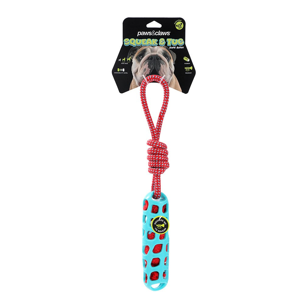 Squeak & Tug Baton Tugger Dog Toy – TPR & Rope (38.5cm)
