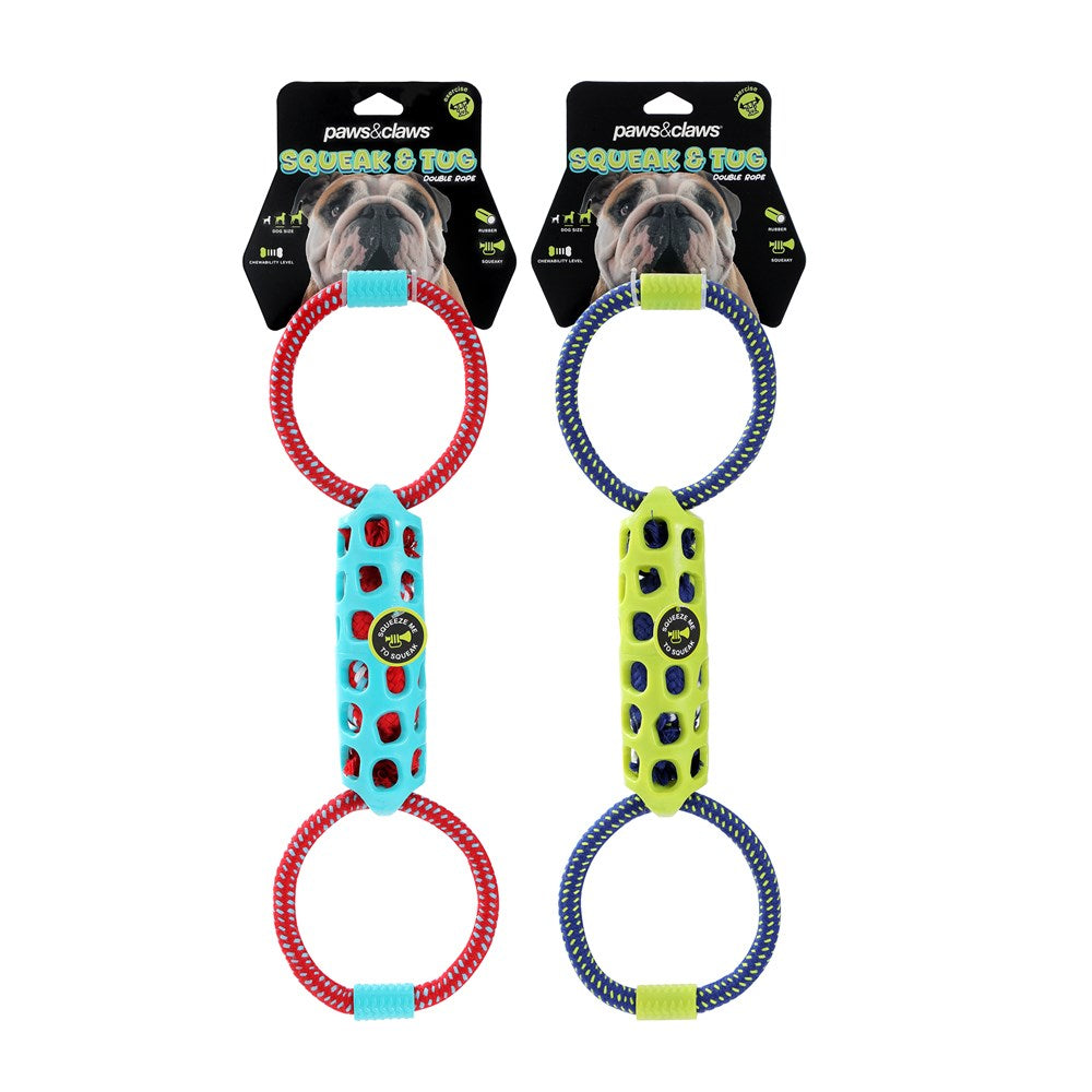 Squeak & Tug Double Tugger Dog Toy – TPR & Rope (39cm)