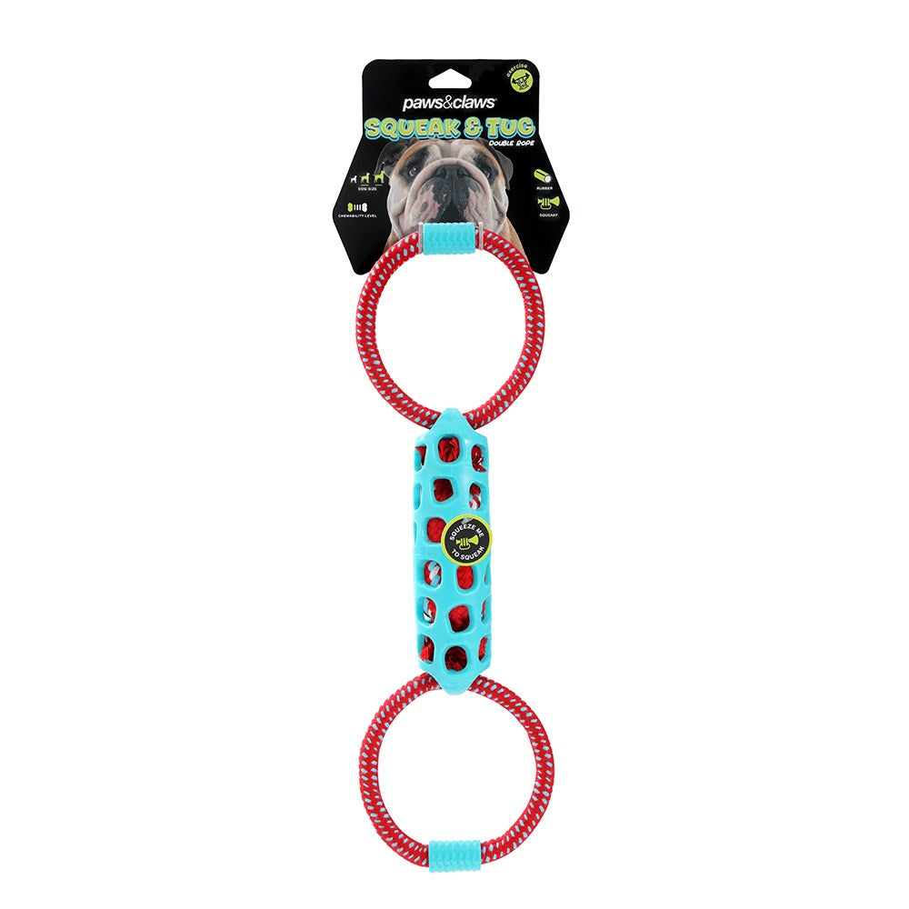 Squeak & Tug Double Tugger Dog Toy – TPR & Rope (39cm)