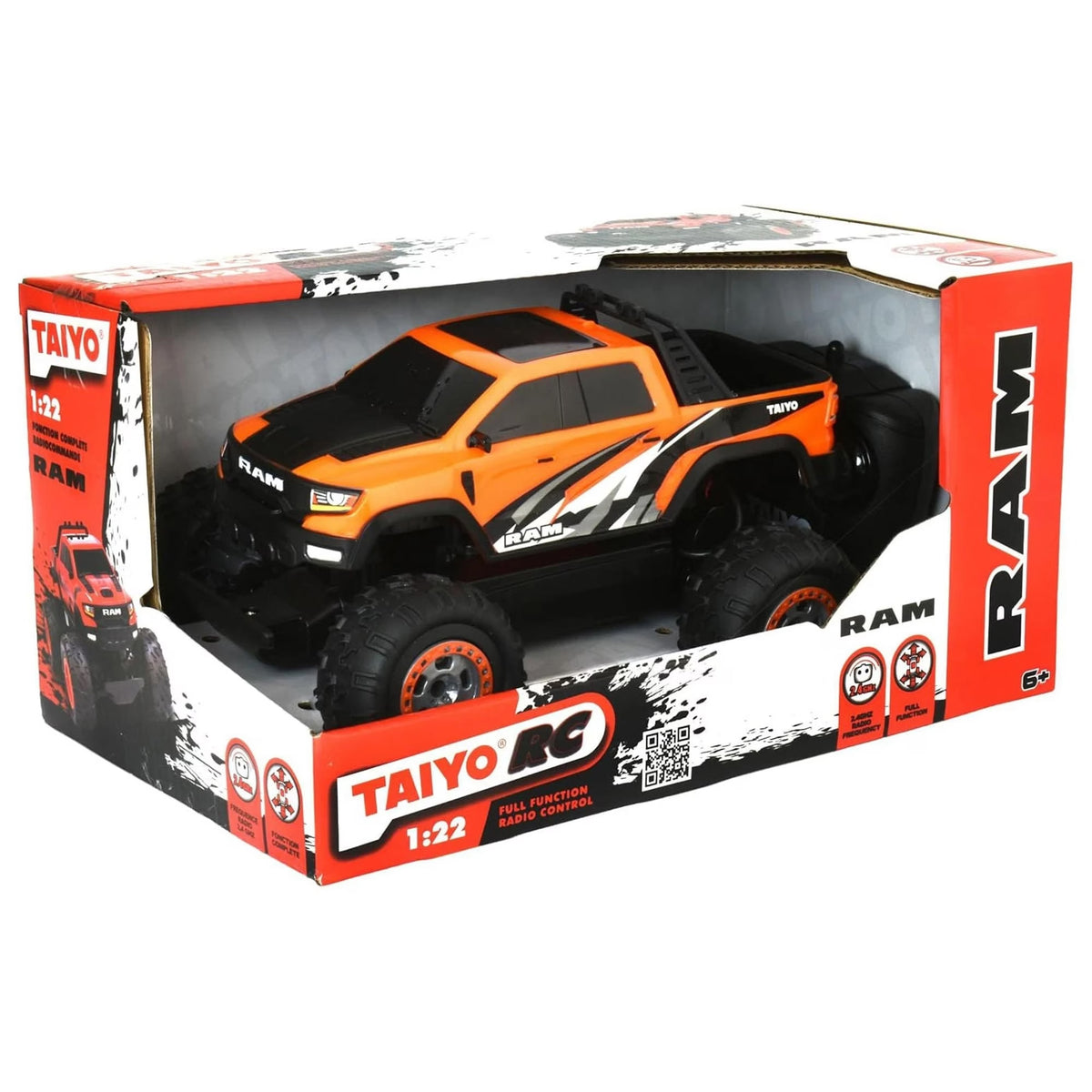 A 1:22 scale remote control truck in its original retail packaging, featuring an orange and black Ram pickup truck design with oversized tires.