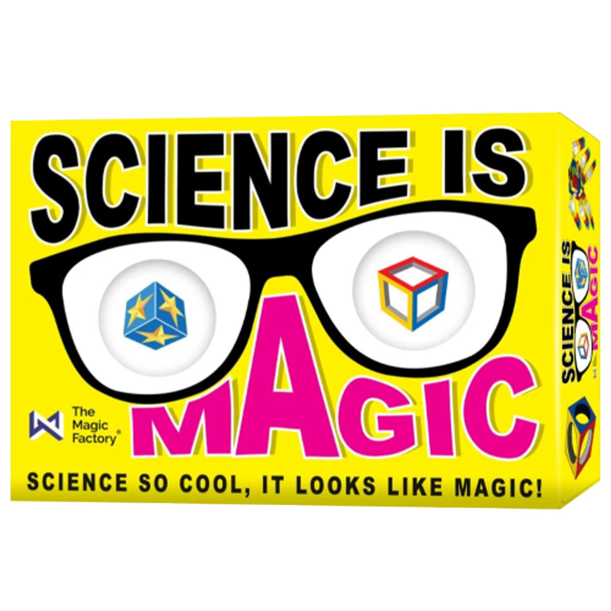 The Magic Factory 'Science is Magic' box, featuring a bright yellow background with bold black and pink text, stylized glasses, and colorful 3D cube graphics.