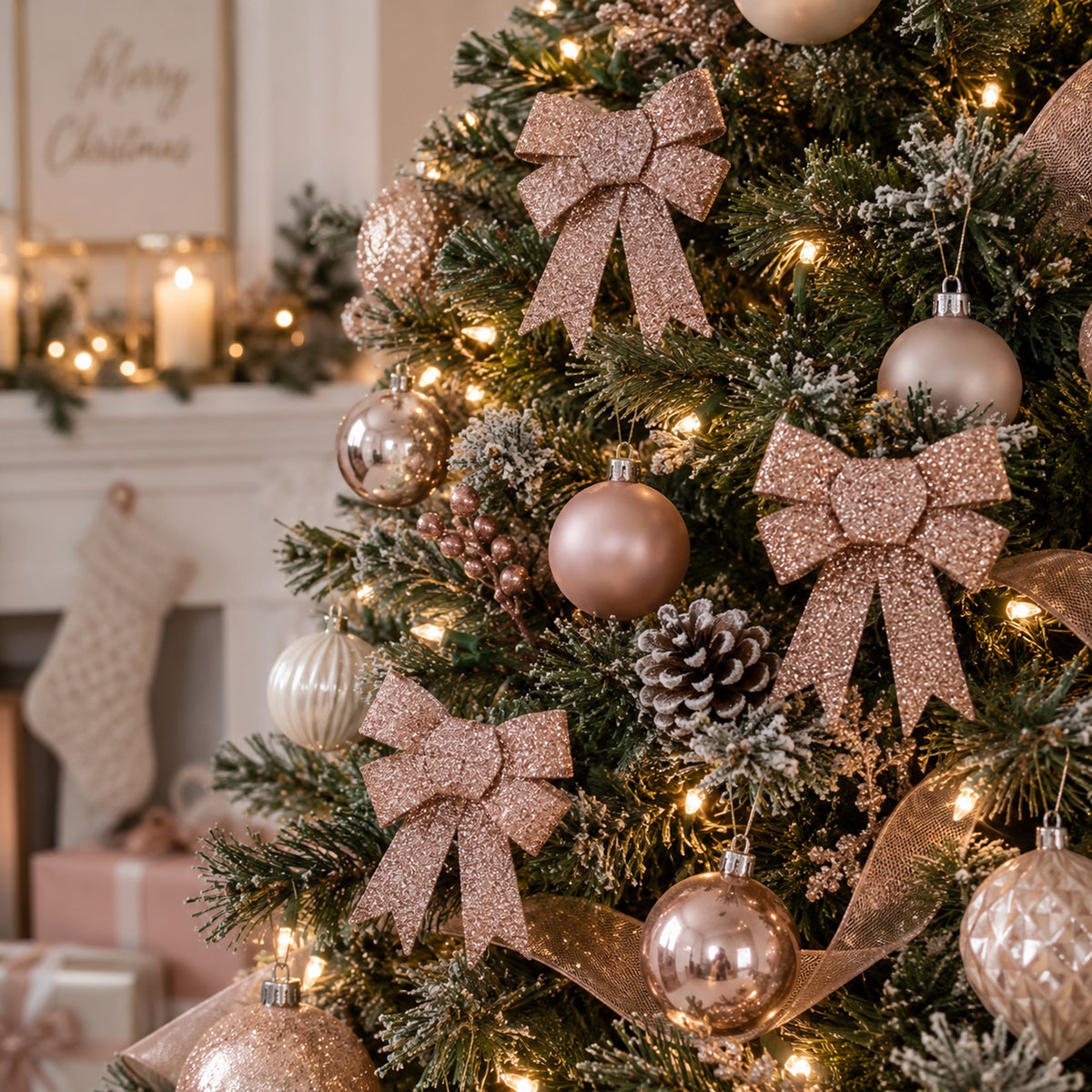 Christmas Tinsel Bow 3pk Rose Gold