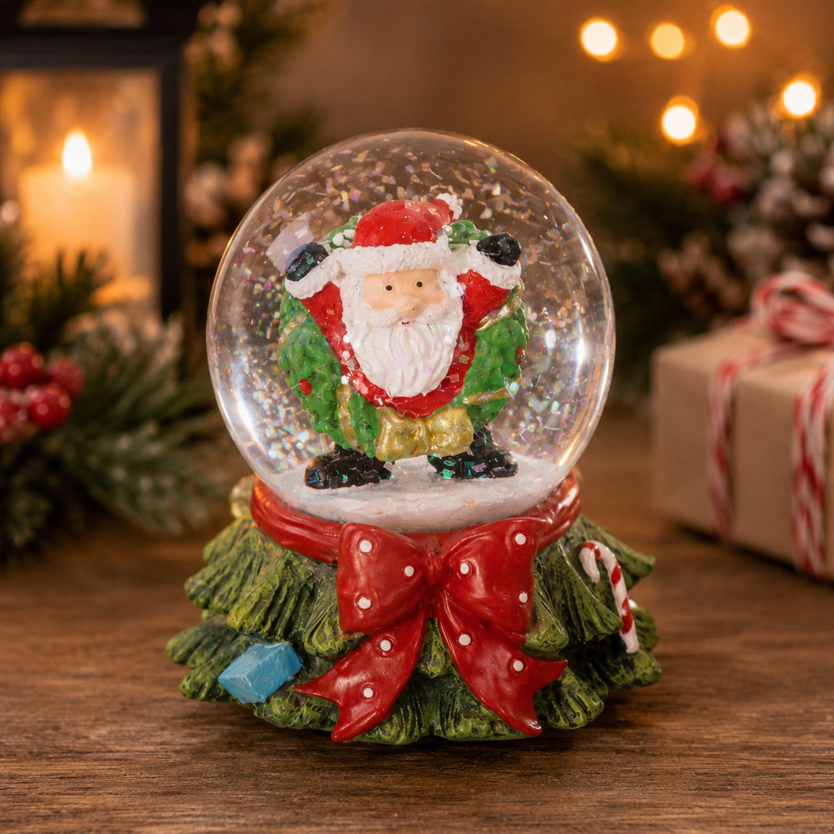 Snowglobe Santa Red Bow Assorted