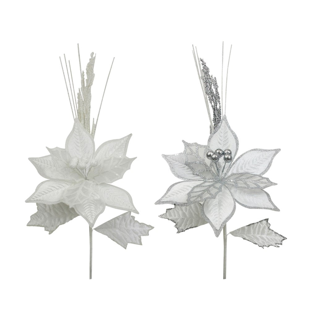 White & Silver Detail Poinsettia 22cm Assorted