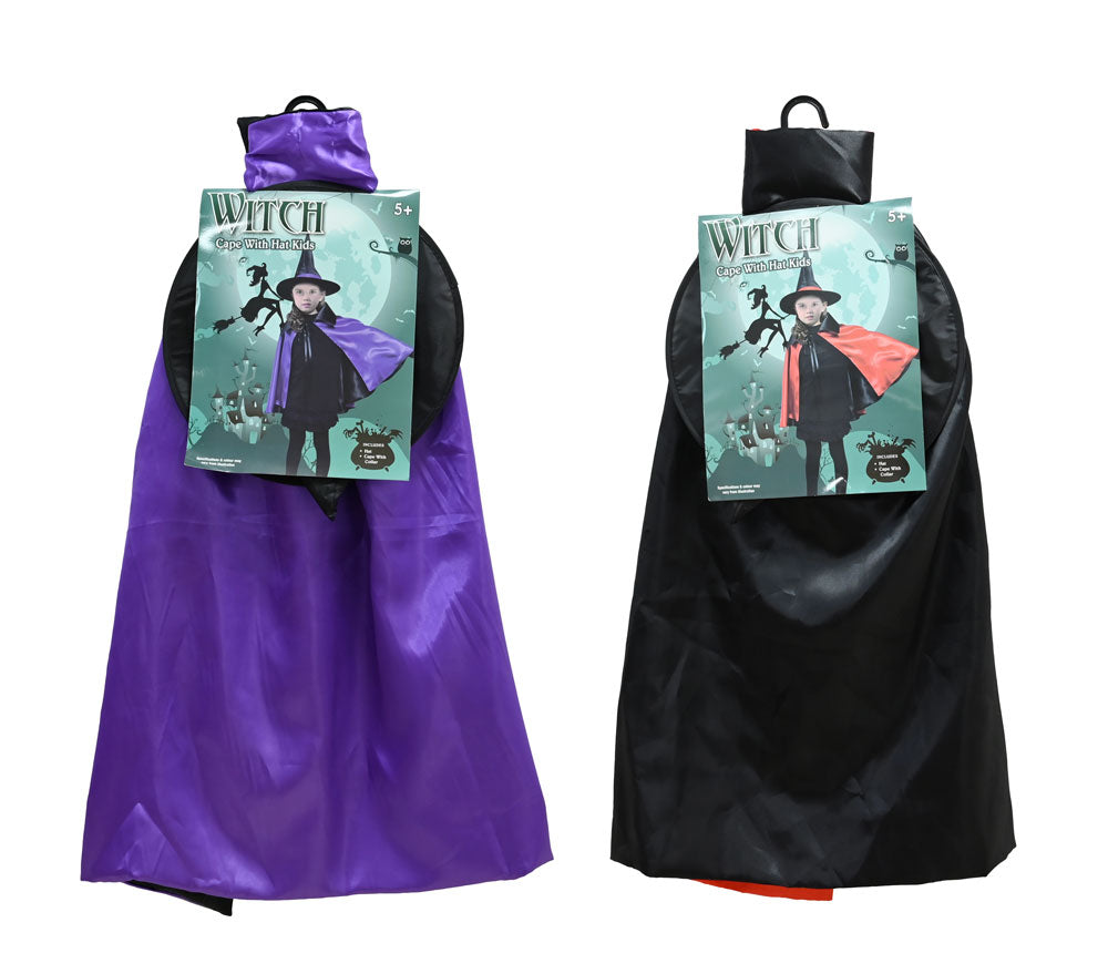 Two witch capes, one purple and one black, with packaging on a white background.