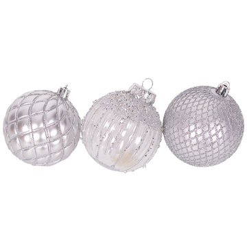 Silver Plastic Pet Baubles W/White Glitter Details 8cm