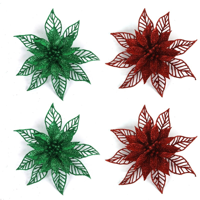 2pk  Glitter Flower Green & Red