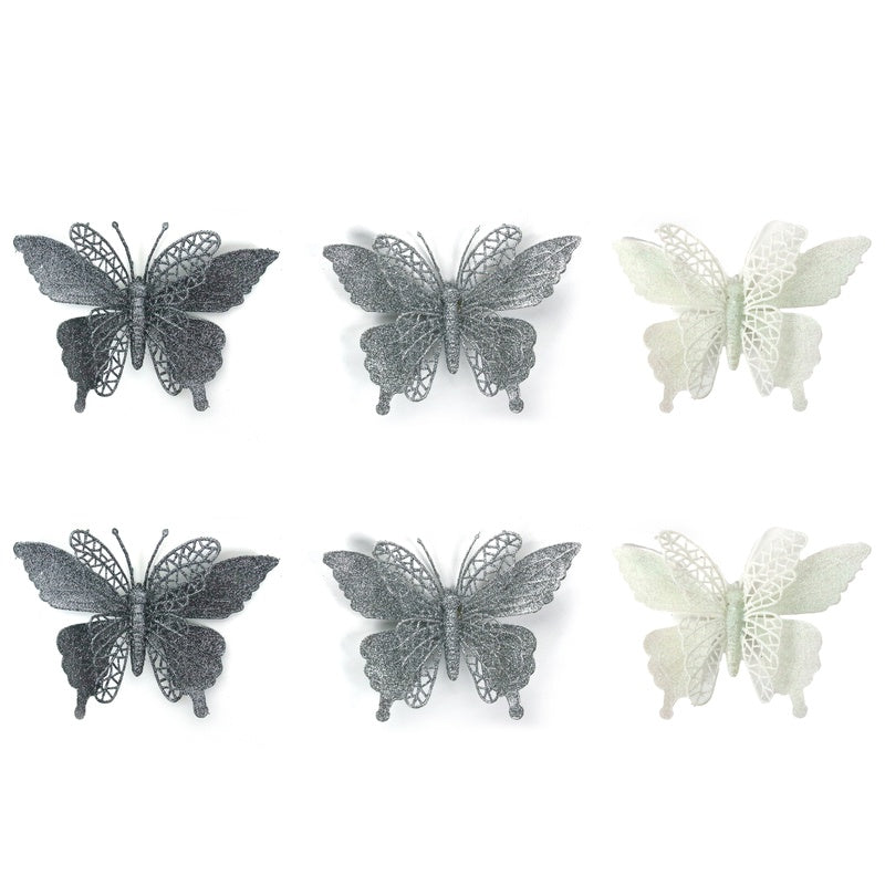 2pk Glitter Butterly W/Clip White, Silver, Gun Metal