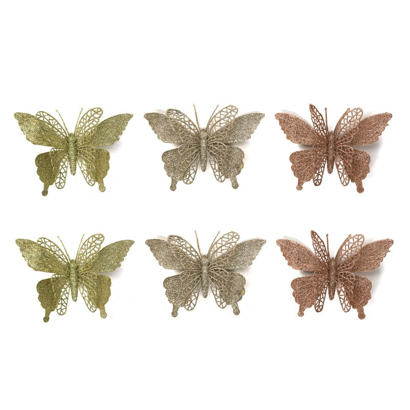 2pk Glitter Butterly W/Clip Champagne, Gold, Rose Gold