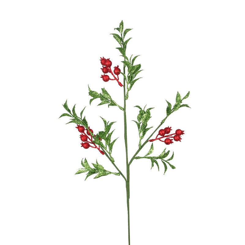 Green W/Red Glitter Berry Stem