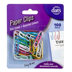 Clip Paper 33mm 100pk Mixed Cols PVC Coating