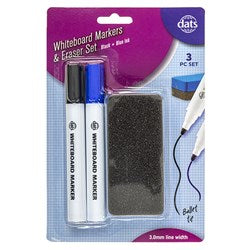 Marker Whiteboard Eraser 3pc Set Mixed Black Blue Ink