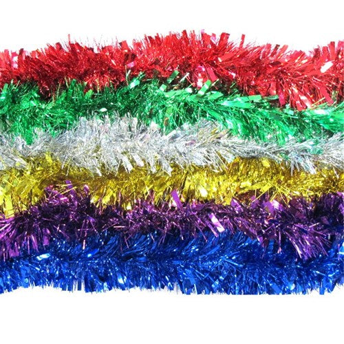 Tinsel Xmas 2M 7Ply Bright Col Wide & Thin Asstd